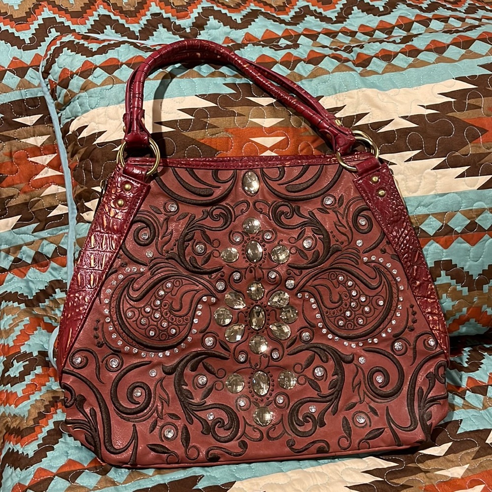 Beautifully blinged reddish maroon purse (Never Used)